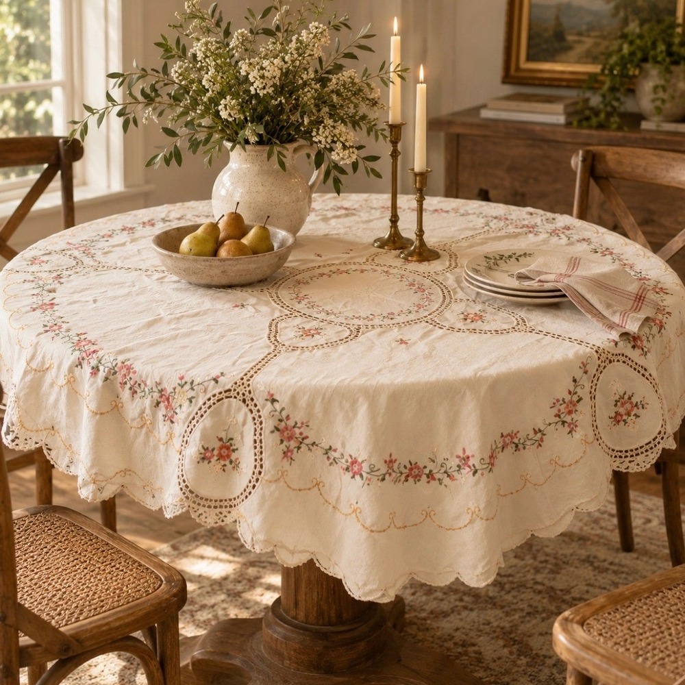 Vintage Round Tablecloth Floral Cross Stitch Lace 65" Cream Cottage Embroidered
